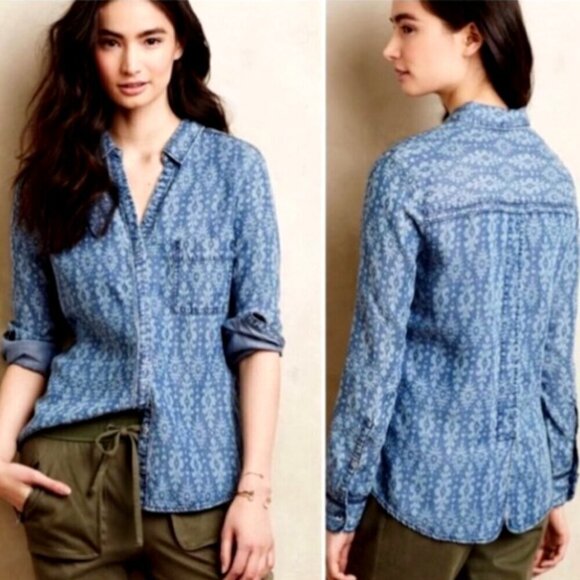 Anthropologie Holding Horses Ikat Blue Chambray Shirt Sz 8(XS) #304C - Picture 1 of 10